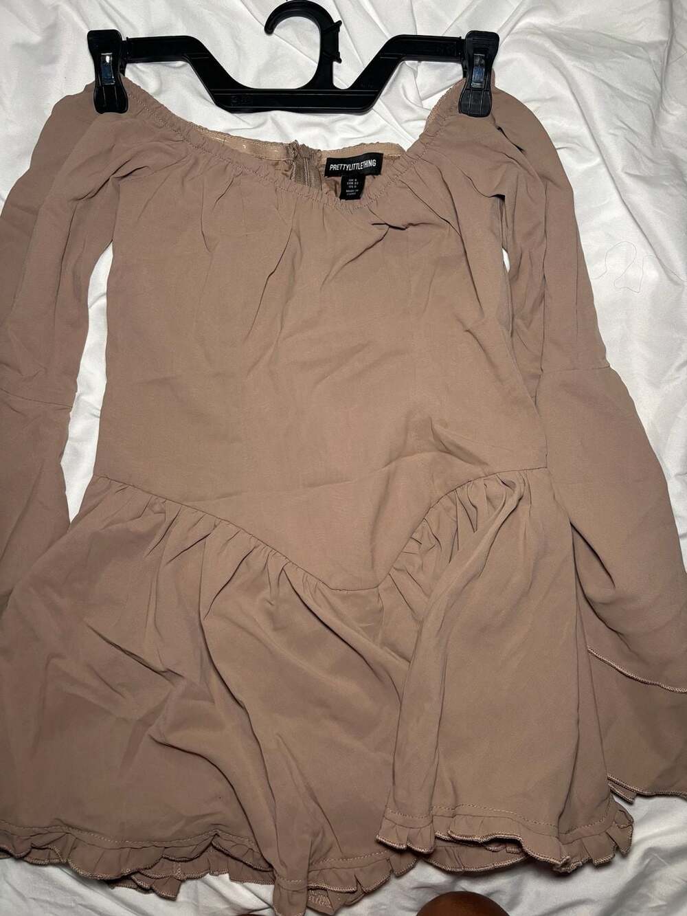 PrettyLittleThing Romper Size US 0 Taupe Off Shoulder Long Sleeve Ruffle